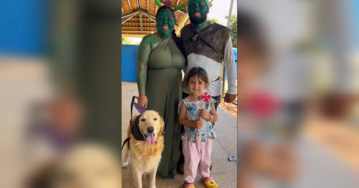 Pai queria ir de jogador, mas família viraliza fantasiada de Shrek e Fiona