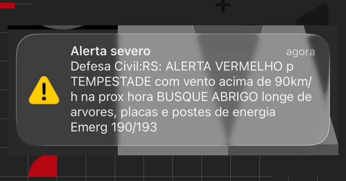 Defesa Civil emite alerta vermelho para tempestade com ventos acima de 90 km/h na Grande Porto Alegre