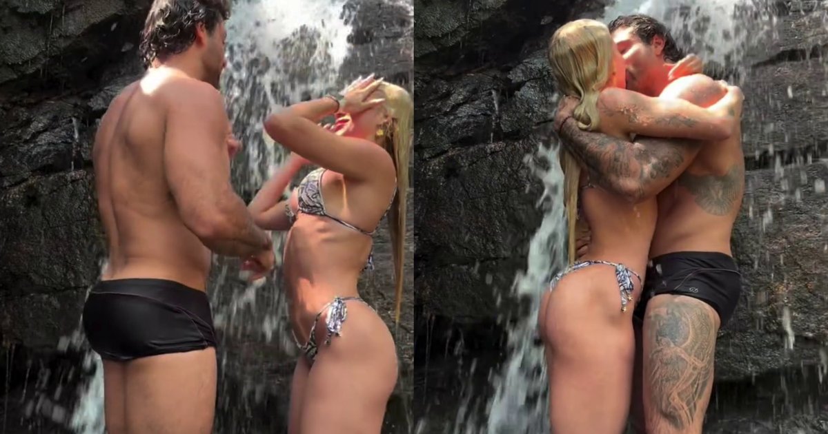 Jesus Luz e namorada trocam beijos em cachoeira e exibem corpos definidos