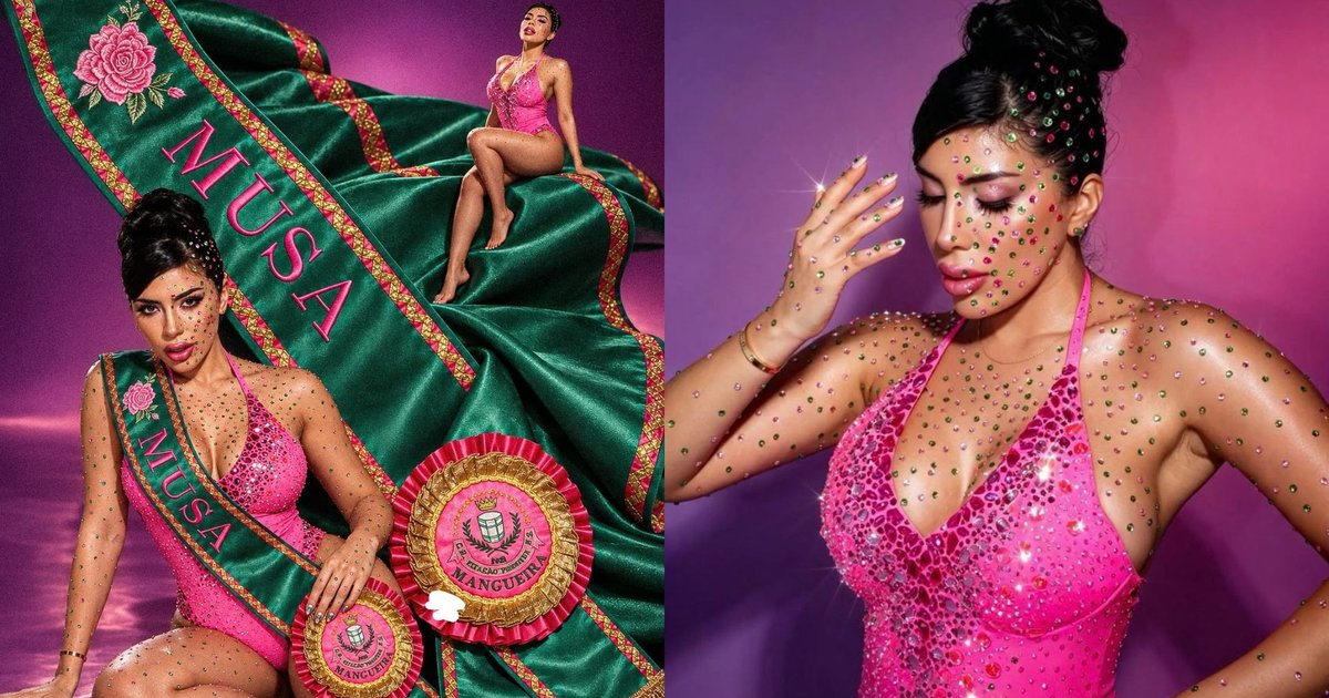 Musa da Mangueira, Taís Ibarra posa coberta de cristais verdes e rosas para o Carnaval