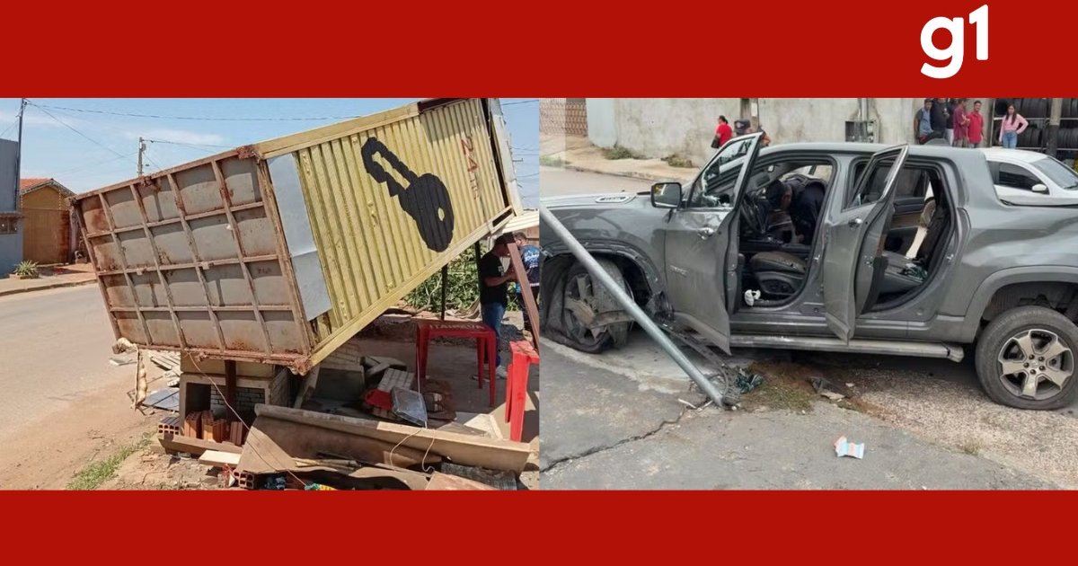 Caminhão arrasta fiação e derruba poste em Cuiabá; comerciante relata risco