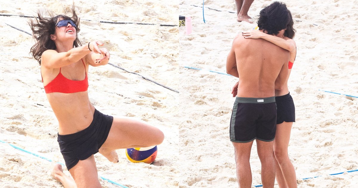 Agatha Moreira e Rodrigo Simas jogam vôlei na praia durante pausa nas gravações