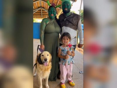 Pai queria ir de jogador, mas família viraliza fantasiada de Shrek e Fiona