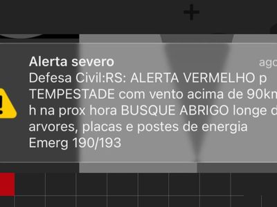 Defesa Civil emite alerta vermelho para tempestade com ventos acima de 90 km/h na Grande Porto Alegre