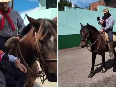 Bebê sai da maternidade a cavalo vestindo traje gaúcho em Lagoa Vermelha