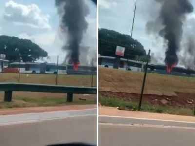 Ônibus pega fogo perto do terminal Padre Pelágio e fumaça escura cobre o céu